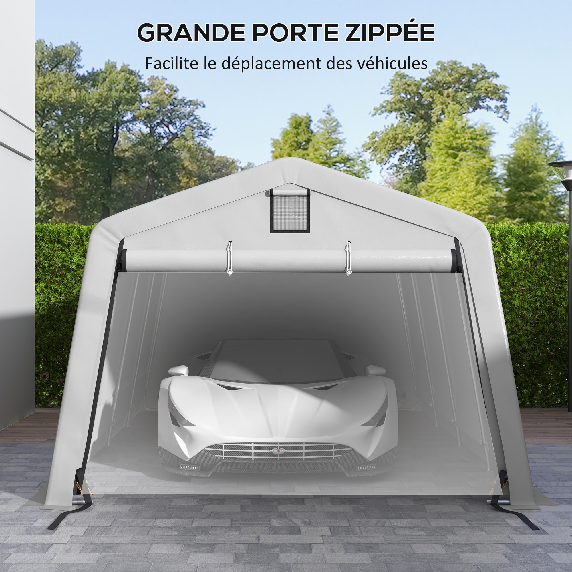 Tente garage carport dim 6L x 3,3l x 2,4H m acier galvanisé robuste PE haute densité 150 g/m² imperméable anti-UV gris