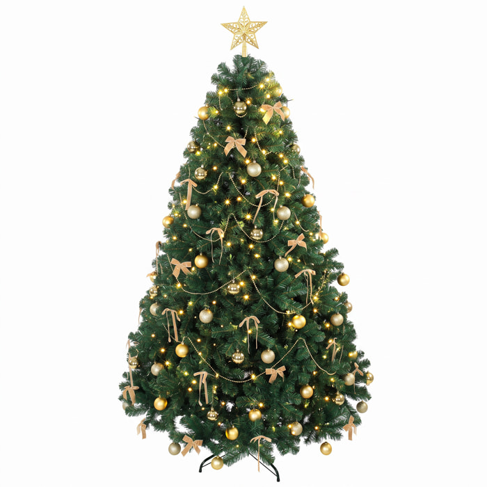 Árbol de Navidad con 296 LED Blanco Cálido, 230 cm, Árbol de Navidad Decorativo, 1405 Ramas Ignífugas, Estrella, 42 Bolas, 30 Lazos y Decoración Dorada, Verde