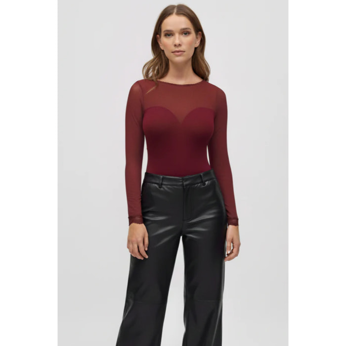 Body intimo a maniche lunghe con schiena scoperta color granato