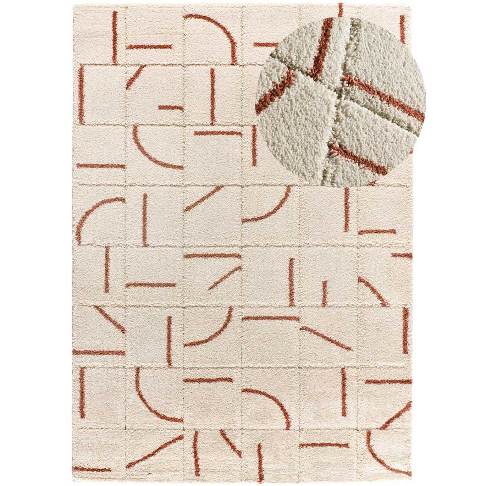 BRENDA Alfombra shaggy geométrica con relieve blanco y motivos caldera, varias medidas disponibles