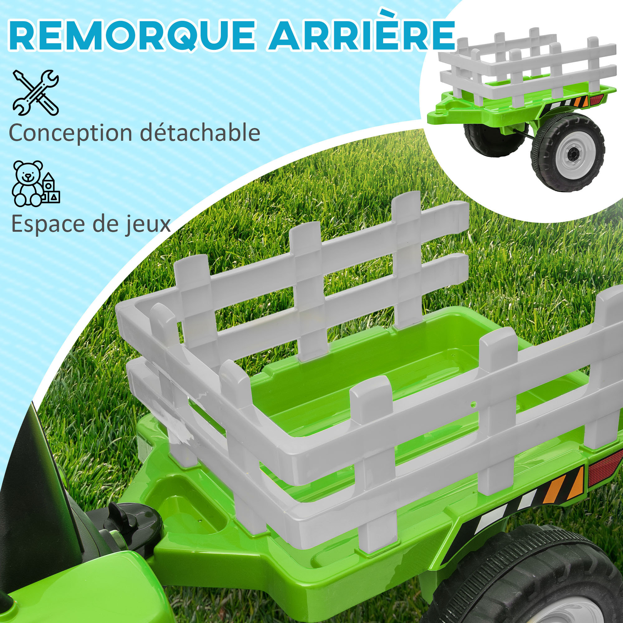 Tracteur électrique avec remorque amovible, voiture électrique enfants de 3 à 6 ans avec télécommande MP3 musique affichage lumières et ceinture de sécurité, 12V 3-6 km/h, vert