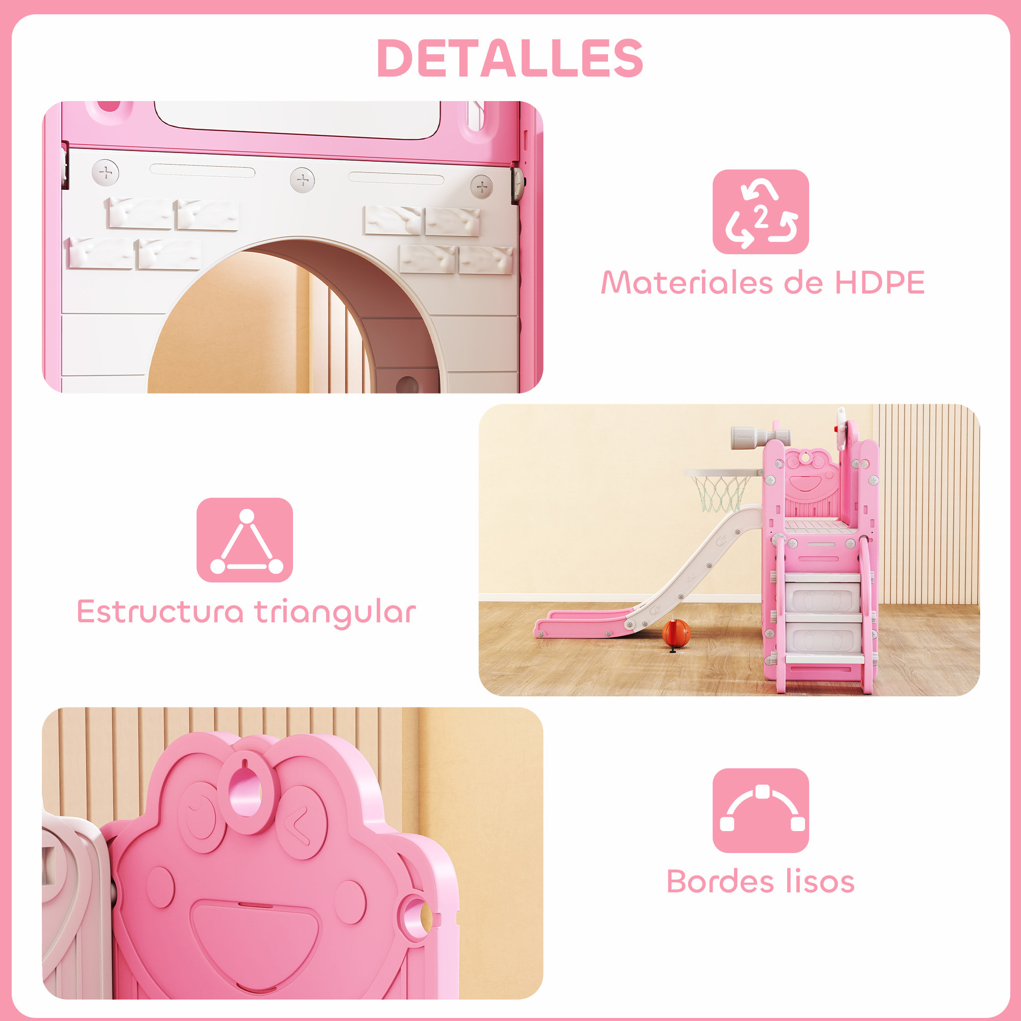 Tobogán Infantil 7 en 1, Tobogán para Niños de 1-3 Años, Temática de Rana, con Aro de Baloncesto, Túnel, Pizarra, Telescopio de Juguete, Escalador y Cajas, para Interior y Exterior, Rosa