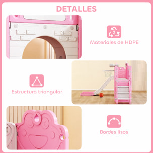 Tobogán Infantil 7 en 1, Tobogán para Niños de 1-3 Años, Temática de Rana, con Aro de Baloncesto, Túnel, Pizarra, Telescopio de Juguete, Escalador y Cajas, para Interior y Exterior, Rosa