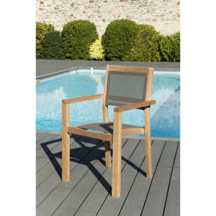 FUN - SALON DE JARDIN BOIS TECK 8/10 pers - 1 Table rect. extensible pieds croisés - 6 fauteuils empilables textilène taupe