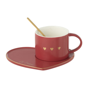 J-Line tasse + sous-tasse + cuillère 3 Coeurs - céramique - rouge