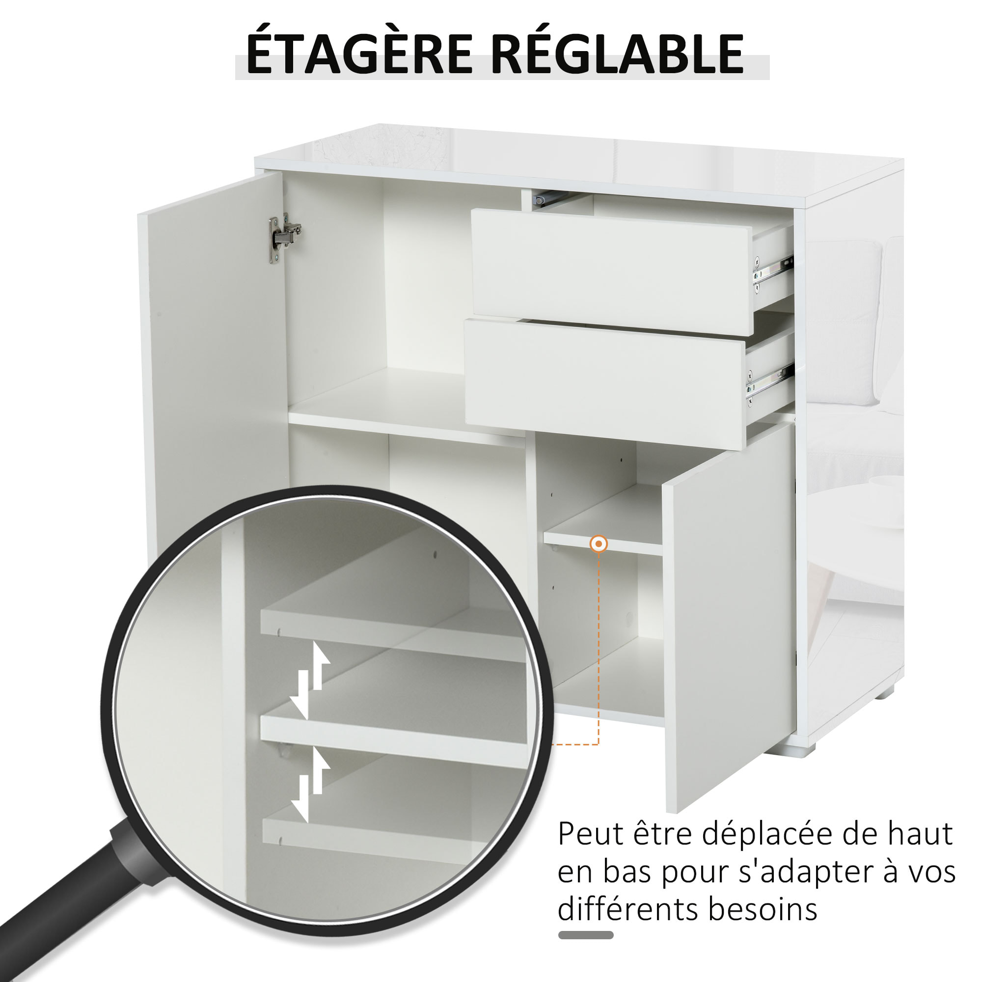 Commode buffet meuble de rangement 2 tiroirs 2 portes avec étagère 79 x 36 x 74 cm blanc