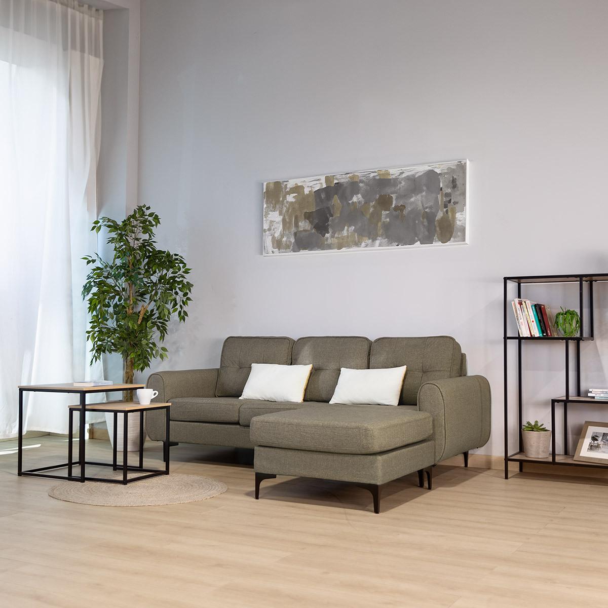 Sofa chaiselongue de 3 plazas tapizado beige caqui, mueble salon comedor