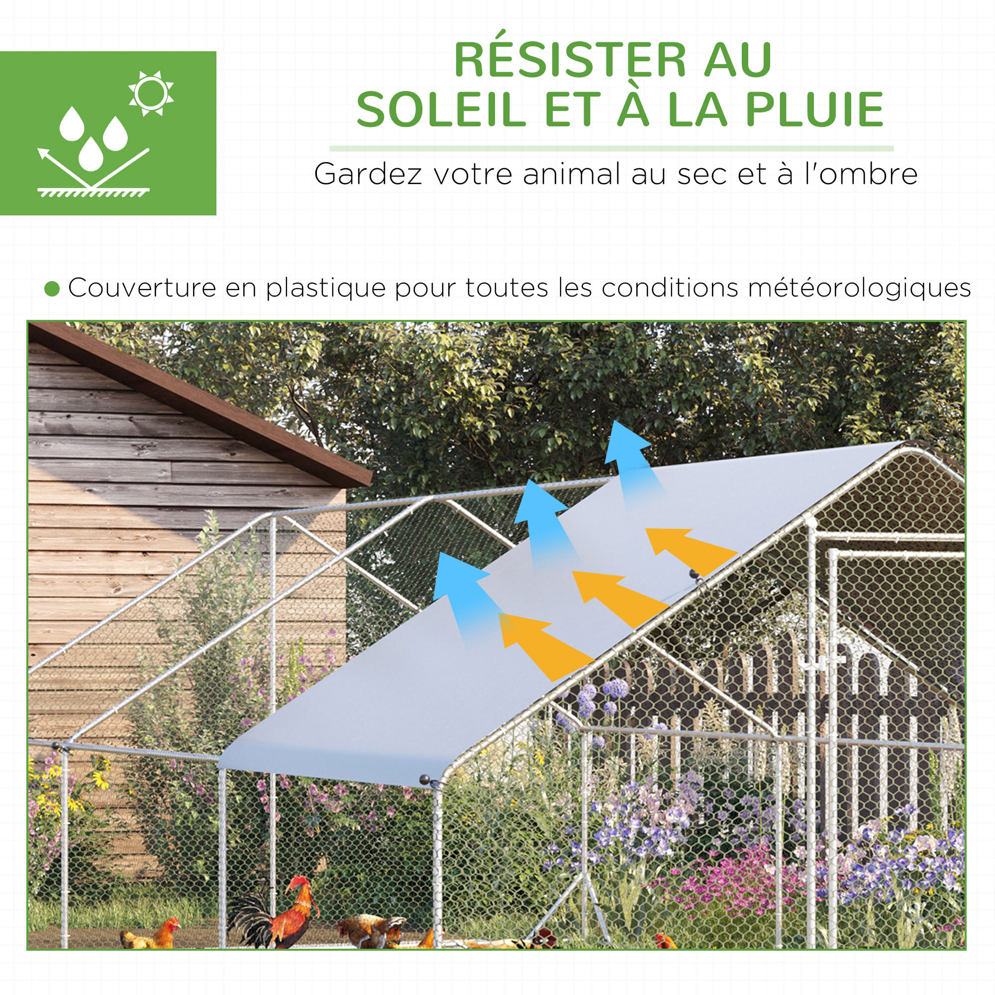 Enclos poulailler chenil 18 m² - parc grillagé dim. 6L x 3l x 2H m - espace couvert - acier galvanisé