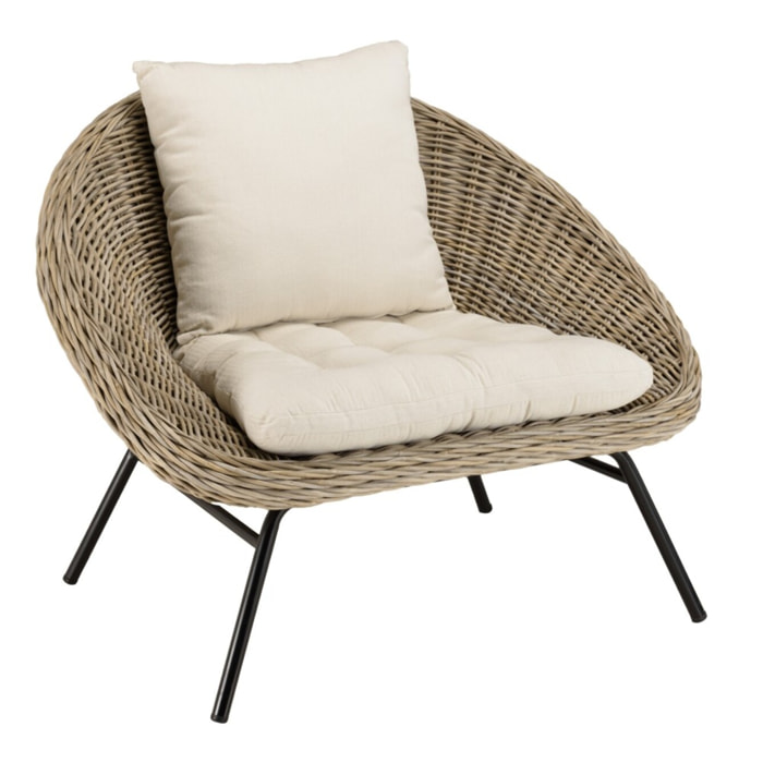 KALLY - Fauteuil lounge en kubu coussin d'assise blanc pieds métal noir