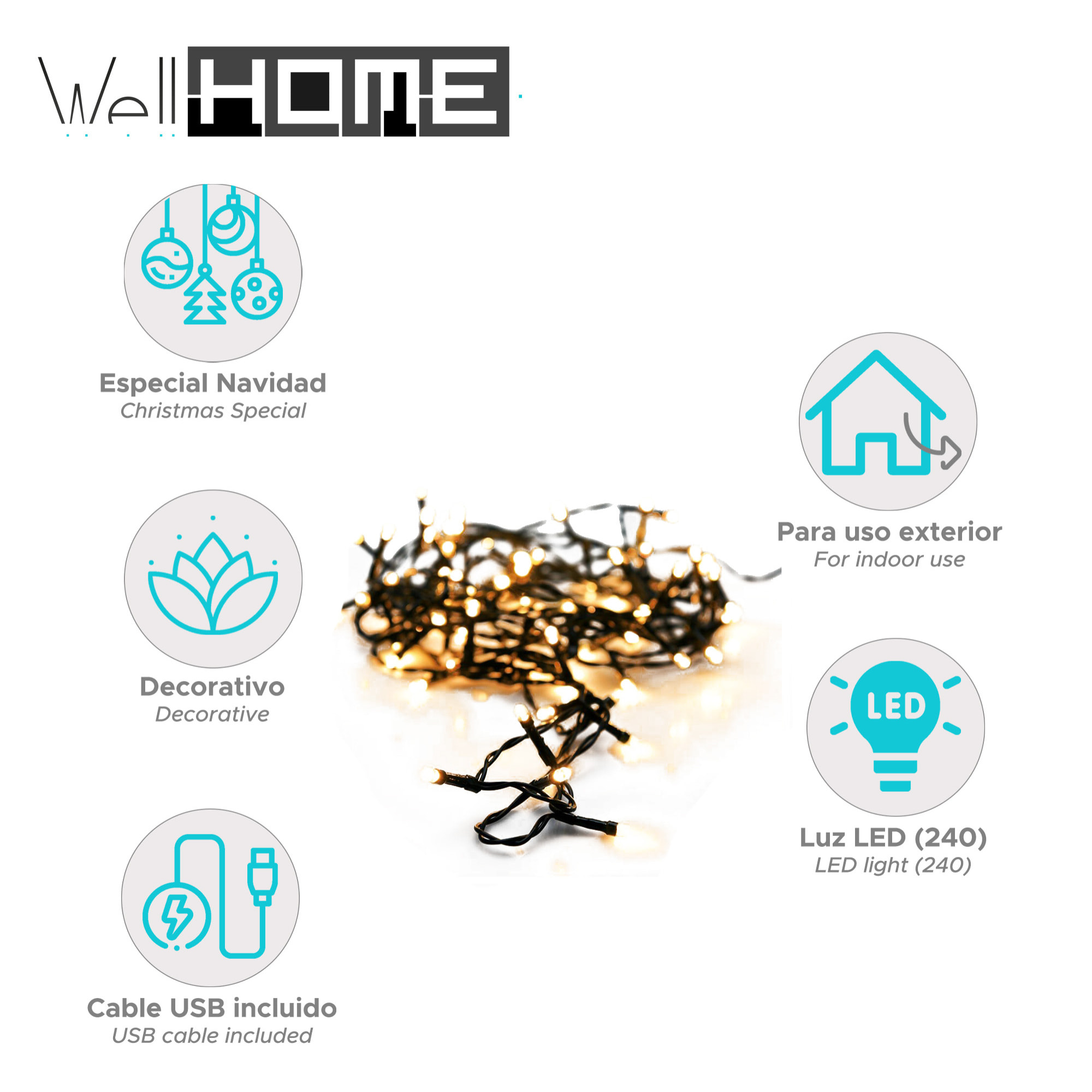 guirnaldas con 240 luces led en blanco cálido - cable 3m