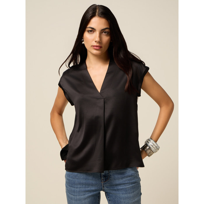 Oltre - T-shirt bimaterica con scollo a V - Nero