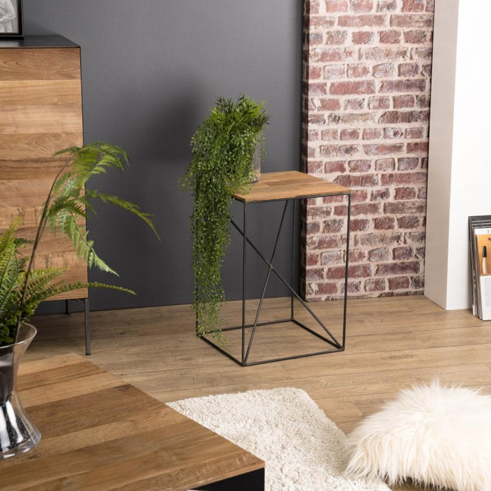 MADISON - Table d'appoint carrée bois plateau Teck recyclé 35x35cm pied métal noir petit modèle