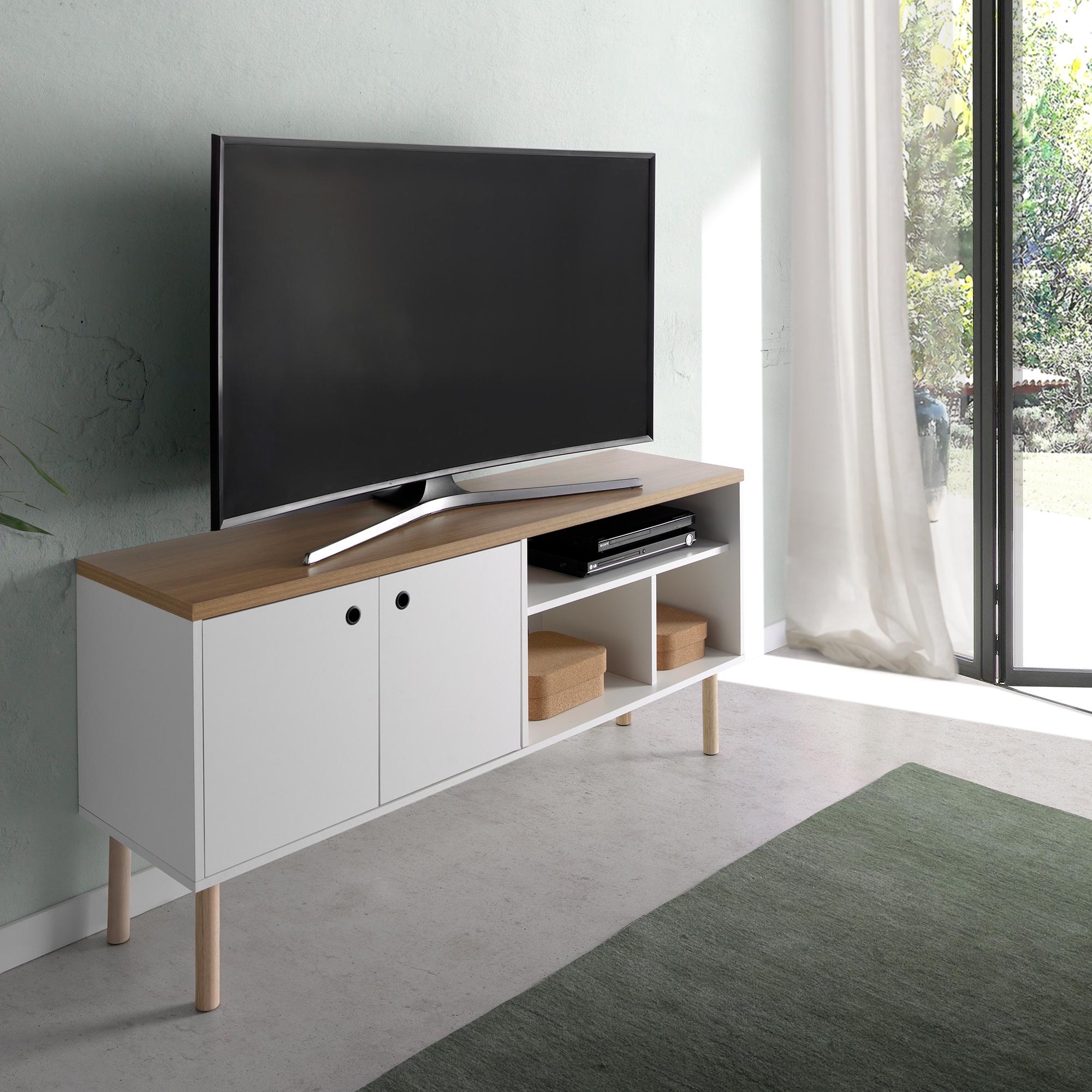 Mueble TV CAPRI - 2 puertas y 3 huecos - roble y blanco - 136x36x62cm