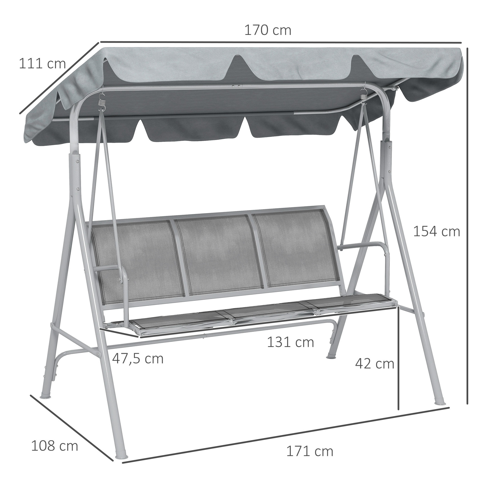 Balancelle de jardin 3 places grand confort toit imperméabilisé inclinaison réglable assise et dossier ergonomique acier textilène gris clair