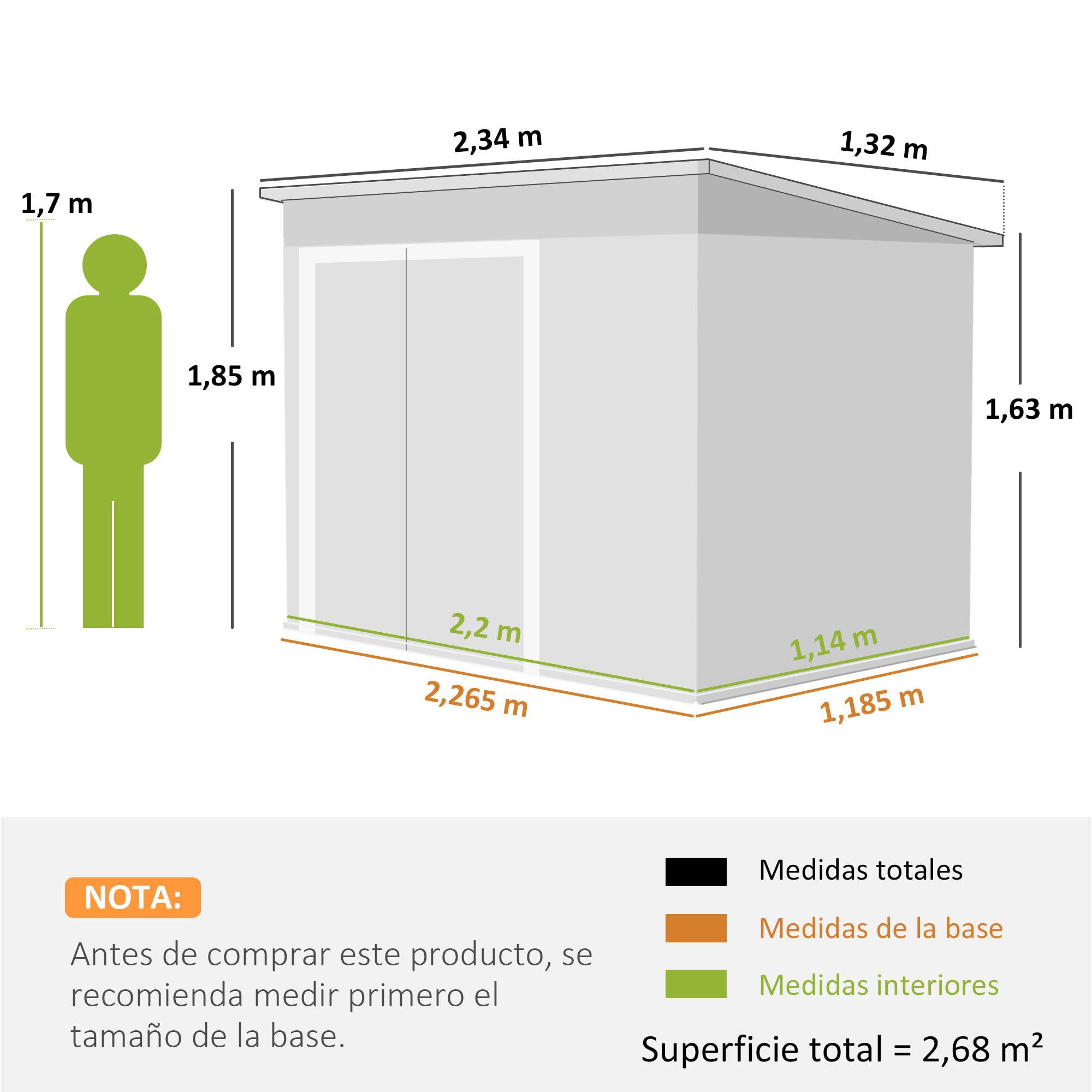 Caseta de Jardín Exterior 2,7 m², 234x132x185 cm, Cobertizo de Jardín Exterior Metálico con Triple Puerta, Cerradura, Techo Inclinado y Ventilación para Almacenamiento de Herramientas, Verde