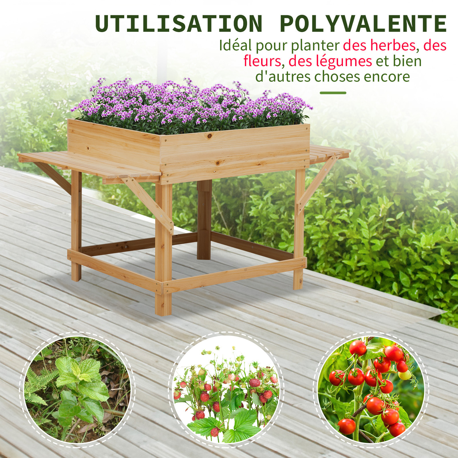 Jardinière sur pied potager dim. 130L x 75l x 75H cm 2 étagères, feutre drainage inclus bois sapin pré-huilé