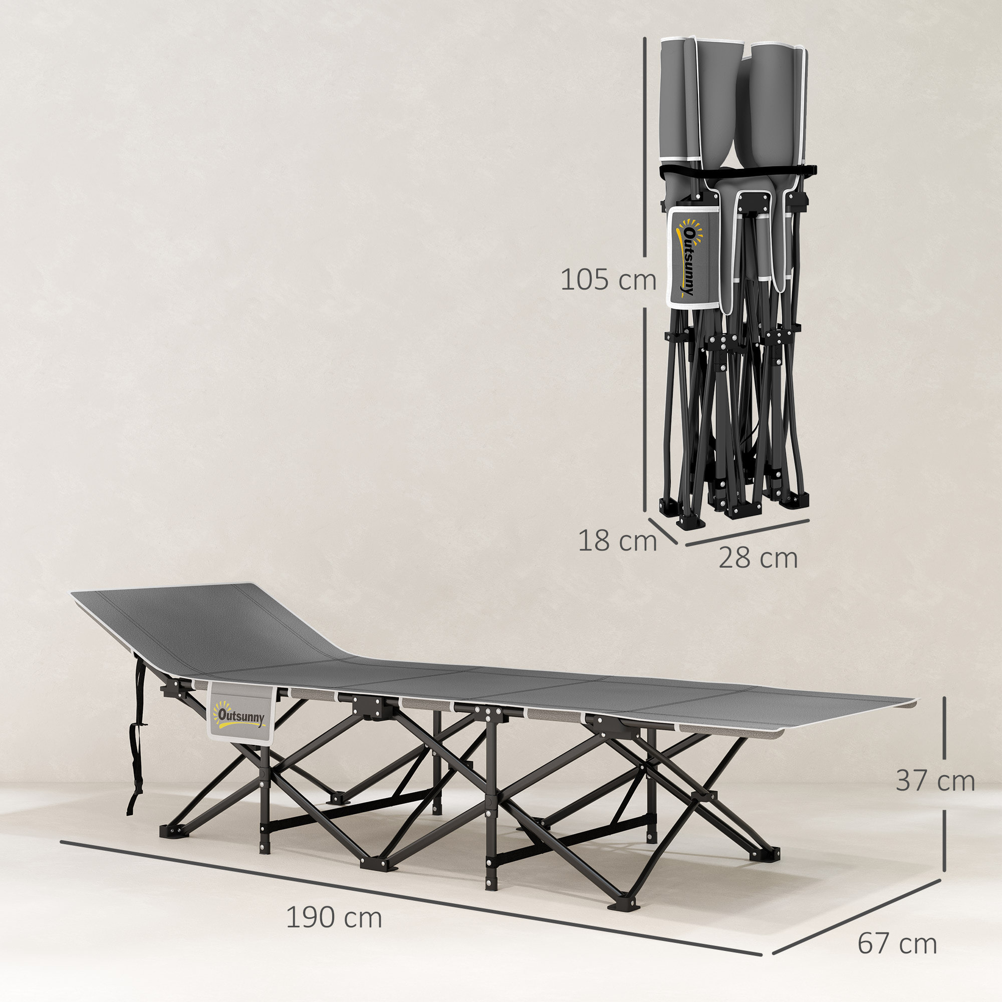 Lit de camping - pliable - matelas, pochette latérale et sac intégré - métal, tissu Oxford - 190 x 67 x 37 cm - noir