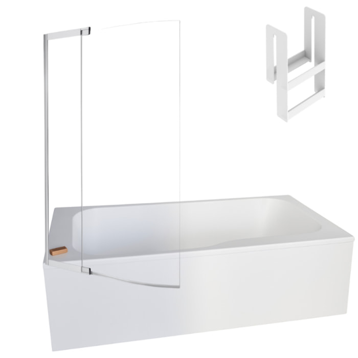 Pack baignoire bain douche 160 x 85 Malice version gauche + tablier en angle + pare bain + étagère pour pare bain