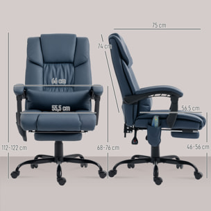 Fauteuil de bureau direction massant inclinable réglable - repose-pieds rétractable intégré - acier noir PU bleu
