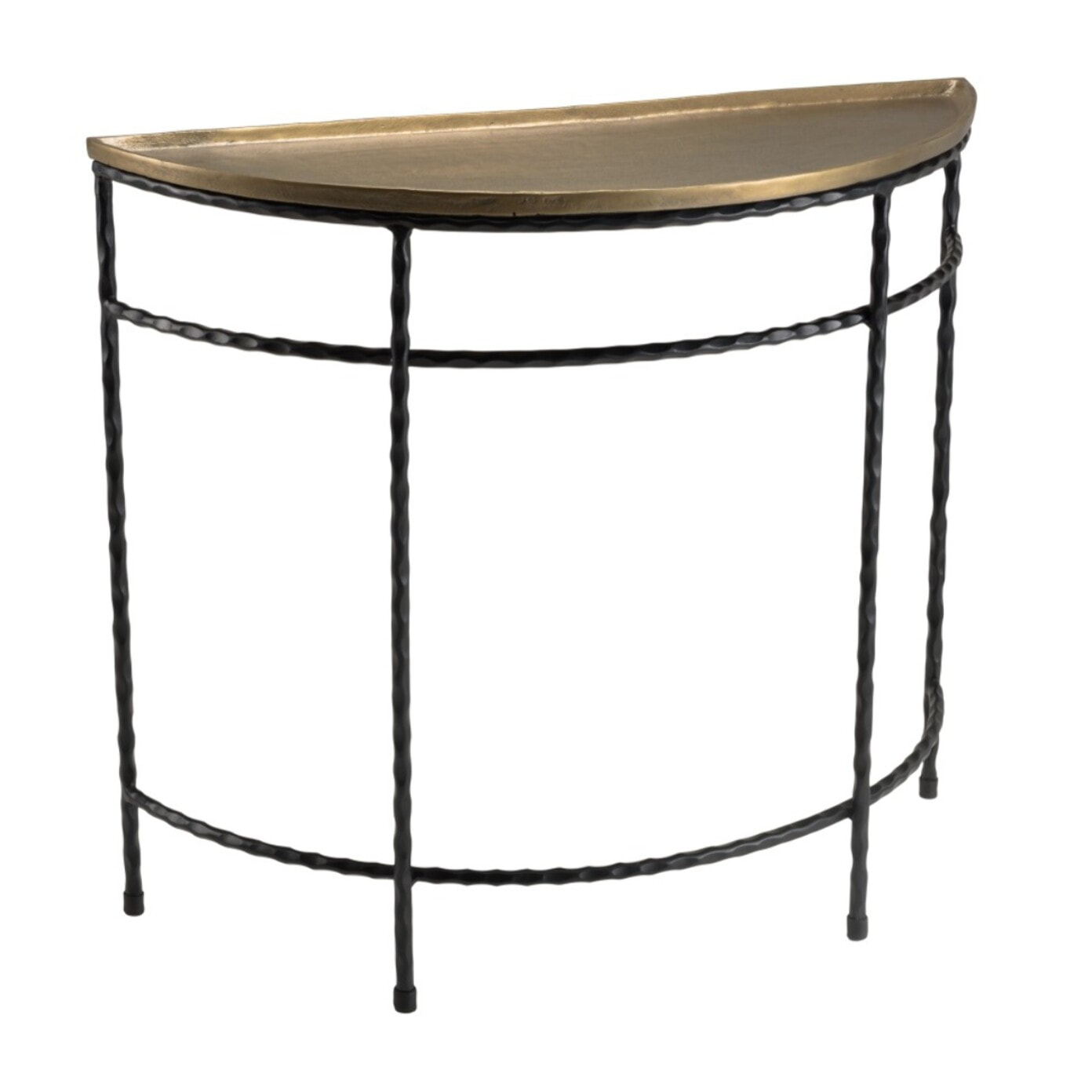 JOHAN - Console demi-lune 90x36cm alu doré pieds métal noirs torsadés