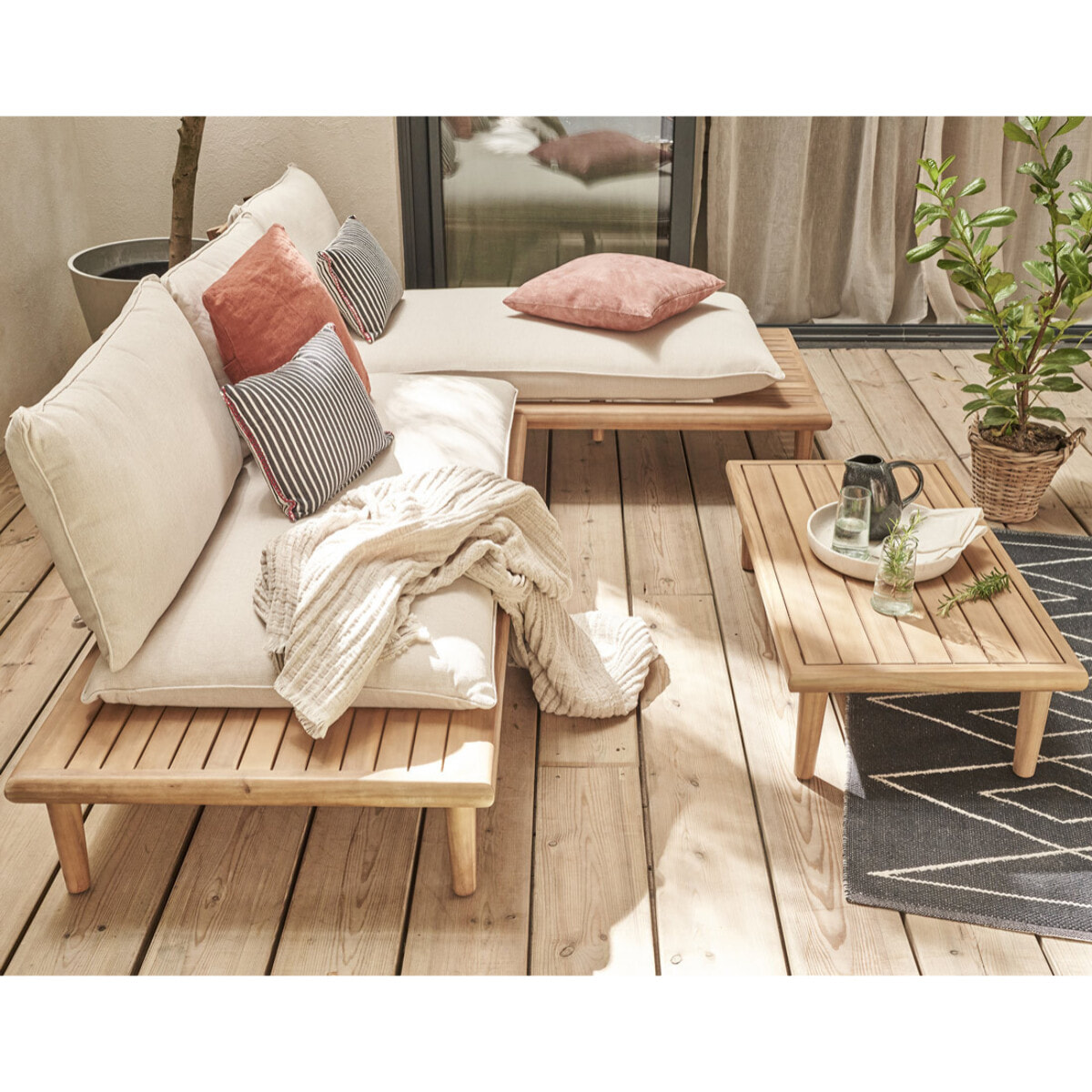 Papeete - salon bas de jardin 4 places + table - bois d'acacia et coussins beiges - Bois / Beige