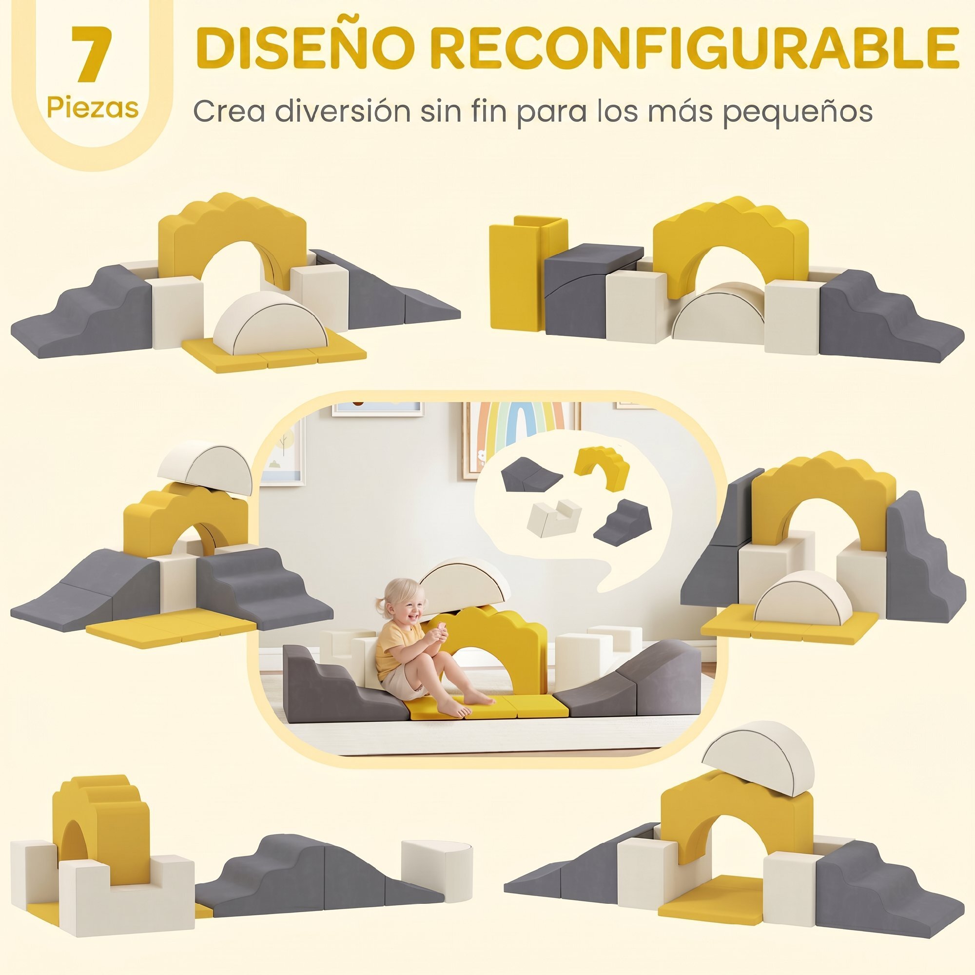 Juego de 7 Bloques de Espuma para Niños, Bloques de Psicomotricidad Infantil con Base Antideslizante, Montessori, Set de Escalada Suave Interior para Escalar y Gatear, 0,5-3 Años, Amarillo