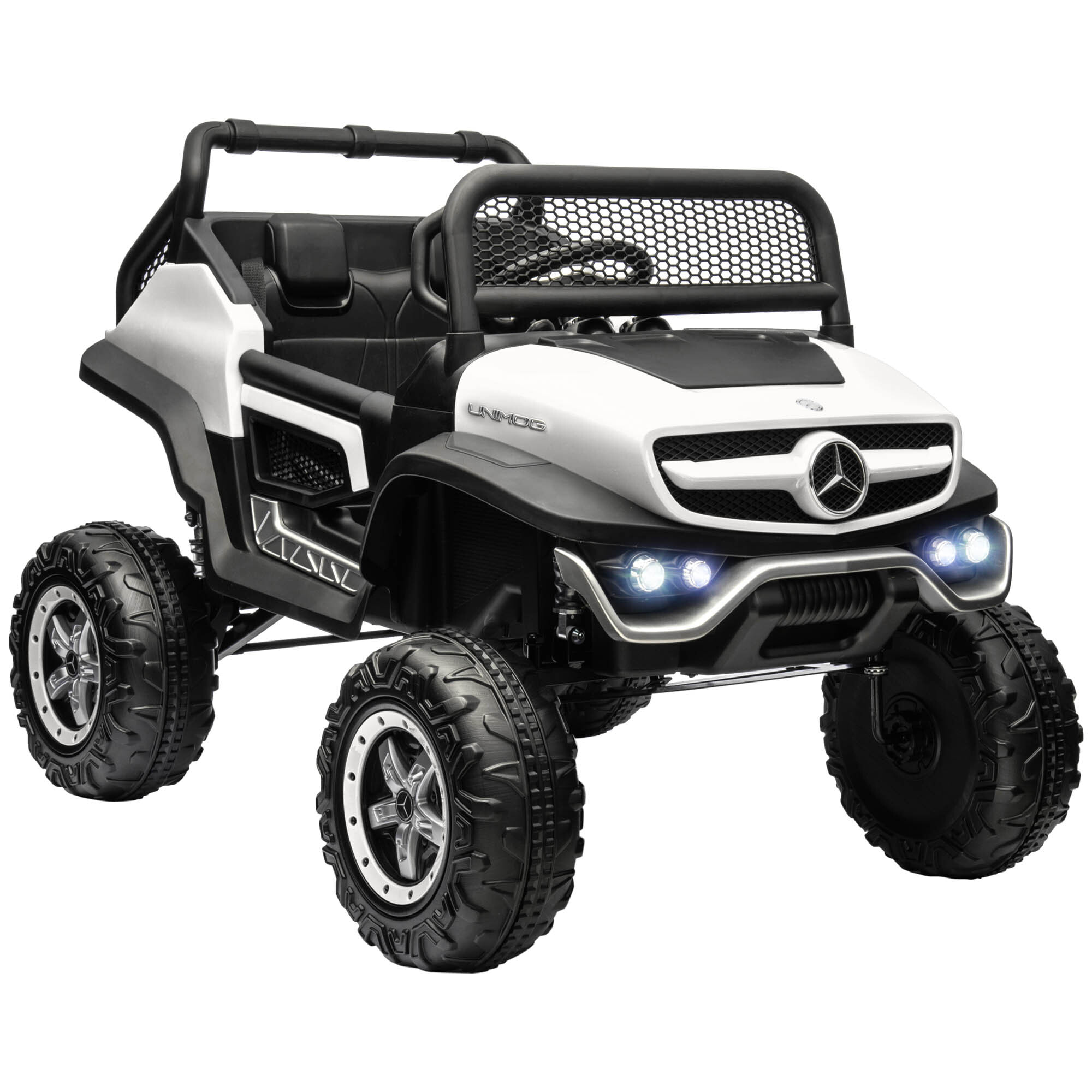 Voiture électrique 4x4 pour enfants de 3 à 8 ans 12 V Mercedes-Benz Unimog 2 moteurs avec télécommande, roues suspendues, klaxons, lumières, musique, blanc