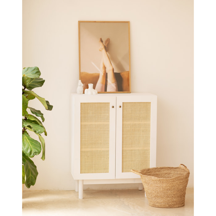 Buffet medulla en bois massif et rotin avec 2 portes en blanc 100x80cm Hauteur: 100 Longueur: 80 Largeur: 40
