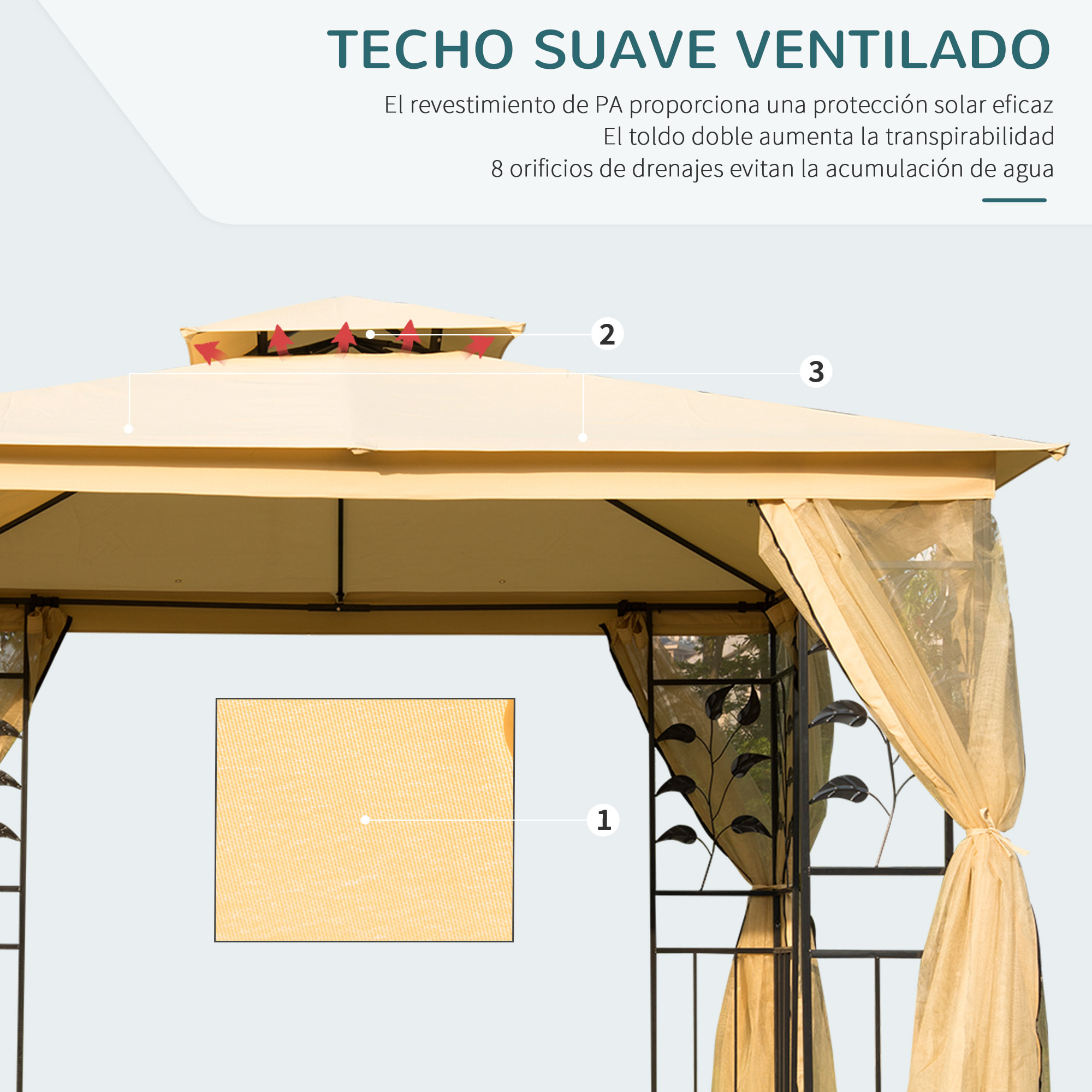 Cenador de Jardín 3x3x2,72 m Gazebo Carpas para Exterior Grandes con Doble Techo Mosquiteras y Marco de Acero para Patio Fiesta Beige