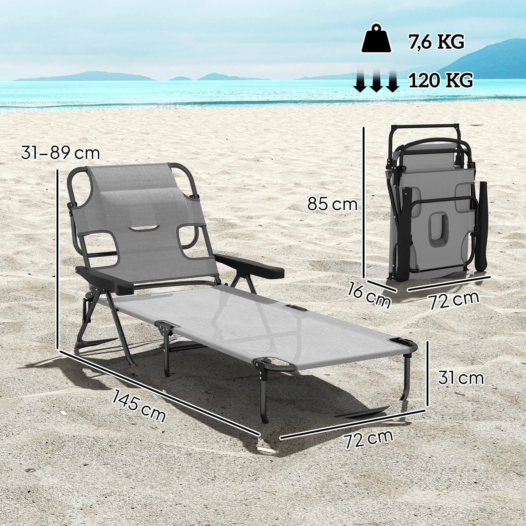 Tumbona Plegable, Tumbona Jardín Exterior con Respaldo Ajustable en 4 Posiciones, Orificio de Lectura, Reposacabezas y Brazos, Carga 120 kg, para Terraza, Piscina, 145x72x89 cm, Gris Oscuro