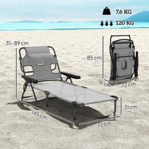 Tumbona Plegable, Tumbona Jardín Exterior con Respaldo Ajustable en 4 Posiciones, Orificio de Lectura, Reposacabezas y Brazos, Carga 120 kg, para Terraza, Piscina, 145x72x89 cm, Gris Oscuro