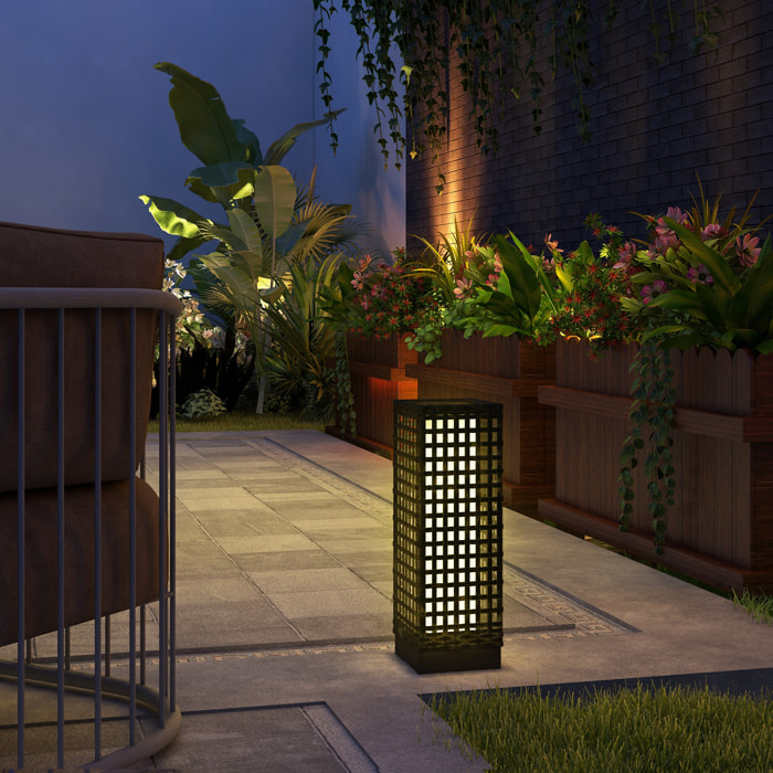 Linterna de Jardín de Ratán Sintético Farola Solar con Luces LED Encendido y Apagado Automático para Terraza Balcón Patio 15,5x15,5x46 cm Negro