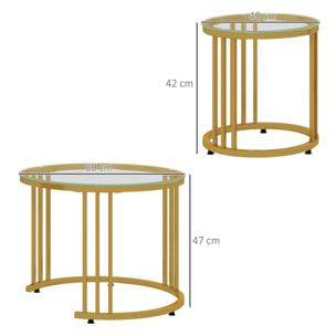 Lot de 2 tables basses gigognes rondes style Art Déco - Ø 60/40 cm - acier doré plateau verre trempé