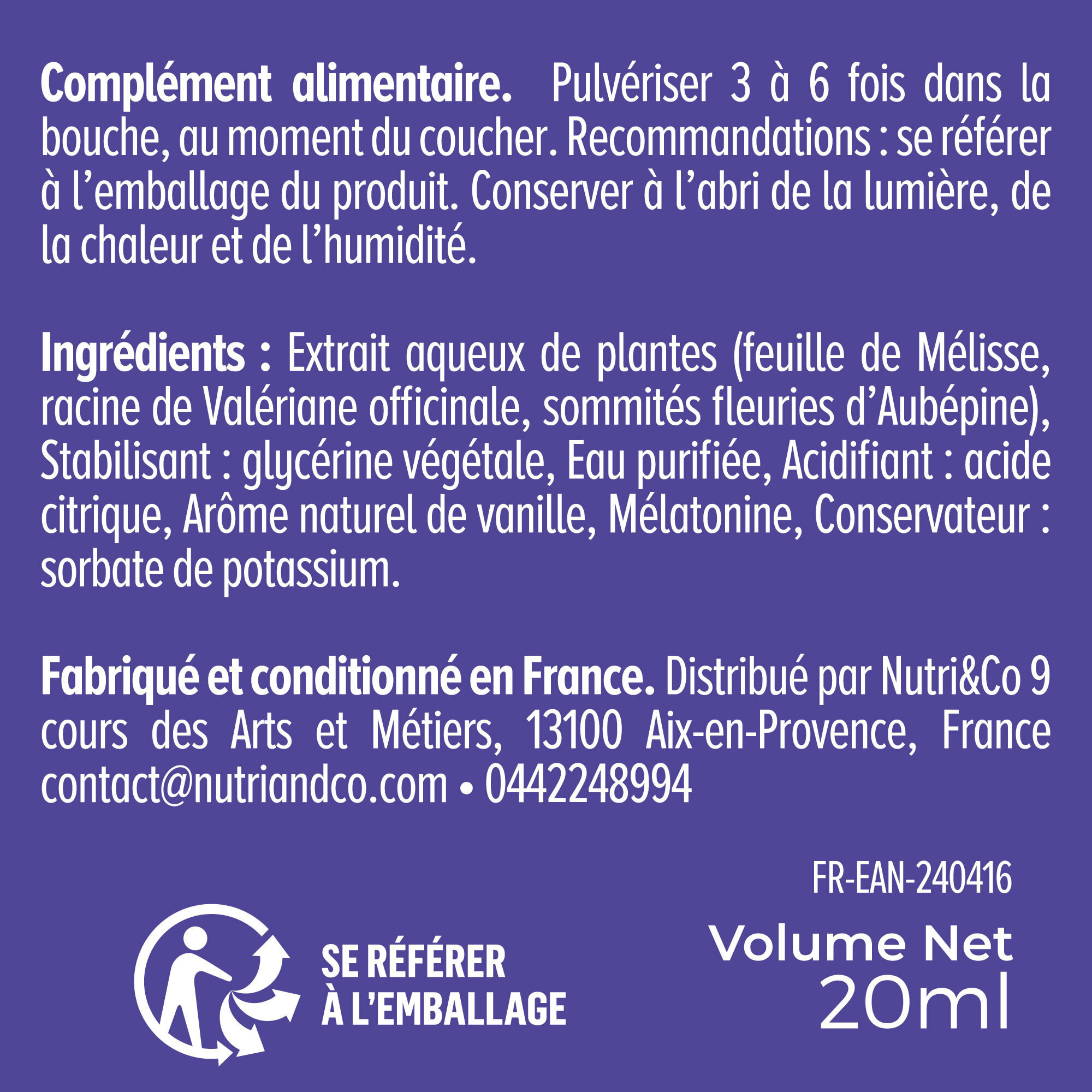 Nutri&Co Mélatonine 1,9mg avec Mélisse et Valériane Vegan - Format Spray 20mL