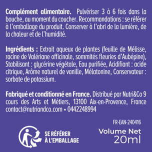 Nutri&Co Mélatonine 1,9mg avec Mélisse et Valériane Vegan - Format Spray 20mL