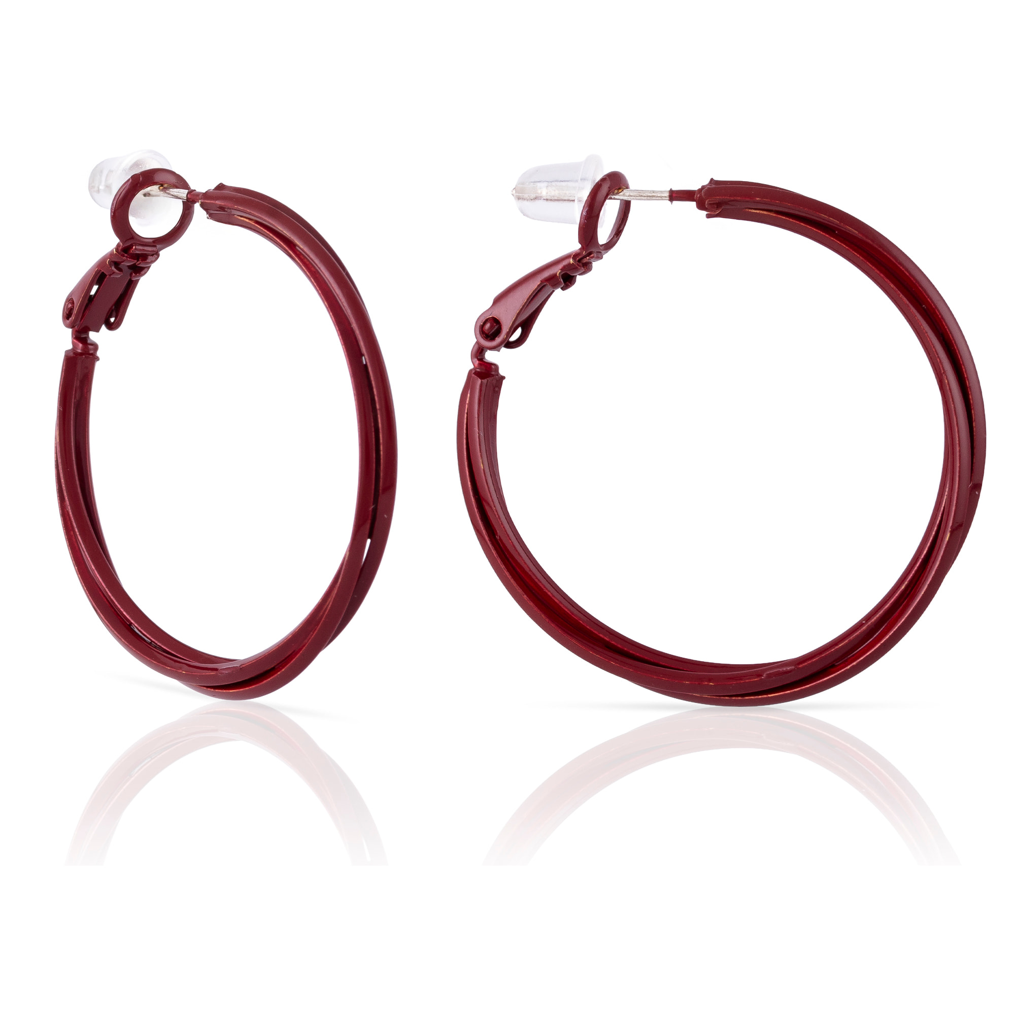 Pendientes de aro liso entrelazados de cobre con recubrimiento electroplateado color blanco, 30 mm, cierre catalán de plata de ley 925 con acabado granate electroplateado.