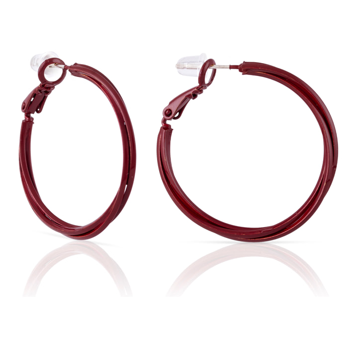 Pendientes de aro liso entrelazados de cobre con recubrimiento electroplateado color blanco, 30 mm, cierre catalán de plata de ley 925 con acabado granate electroplateado.