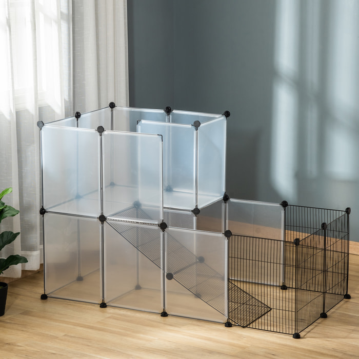 Cage parc enclos modulable rongeurs 2 niveaux 27 panneaux fil métallique noir PP transparent