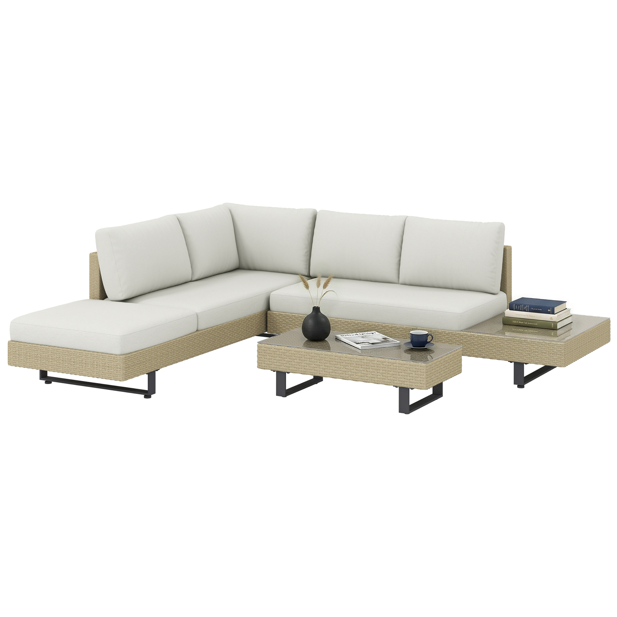 Conjunto de Jardín de Ratán de 3 Piezas, Conjunto Terraza Resistente, Muebles Jardín Exterior Incluye Cojines, Sofá de 3 Plazas, Sofá de 2 Plazas con Mesa Lateral, Mesa Centro de Vidrio Beige