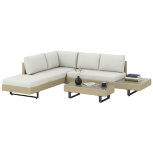 Conjunto de Jardín de Ratán de 3 Piezas, Conjunto Terraza Resistente, Muebles Jardín Exterior Incluye Cojines, Sofá de 3 Plazas, Sofá de 2 Plazas con Mesa Lateral, Mesa Centro de Vidrio Beige