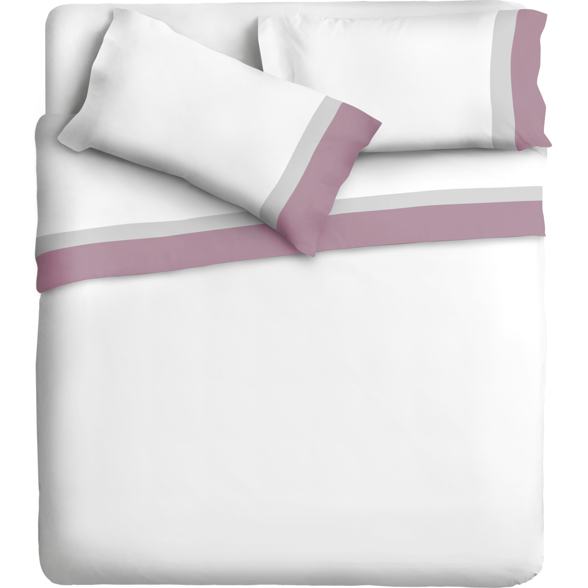 Completo letto doppia balza RASO IPERSAN Puro Cotone Malva/Grigio CH fondo Bianco