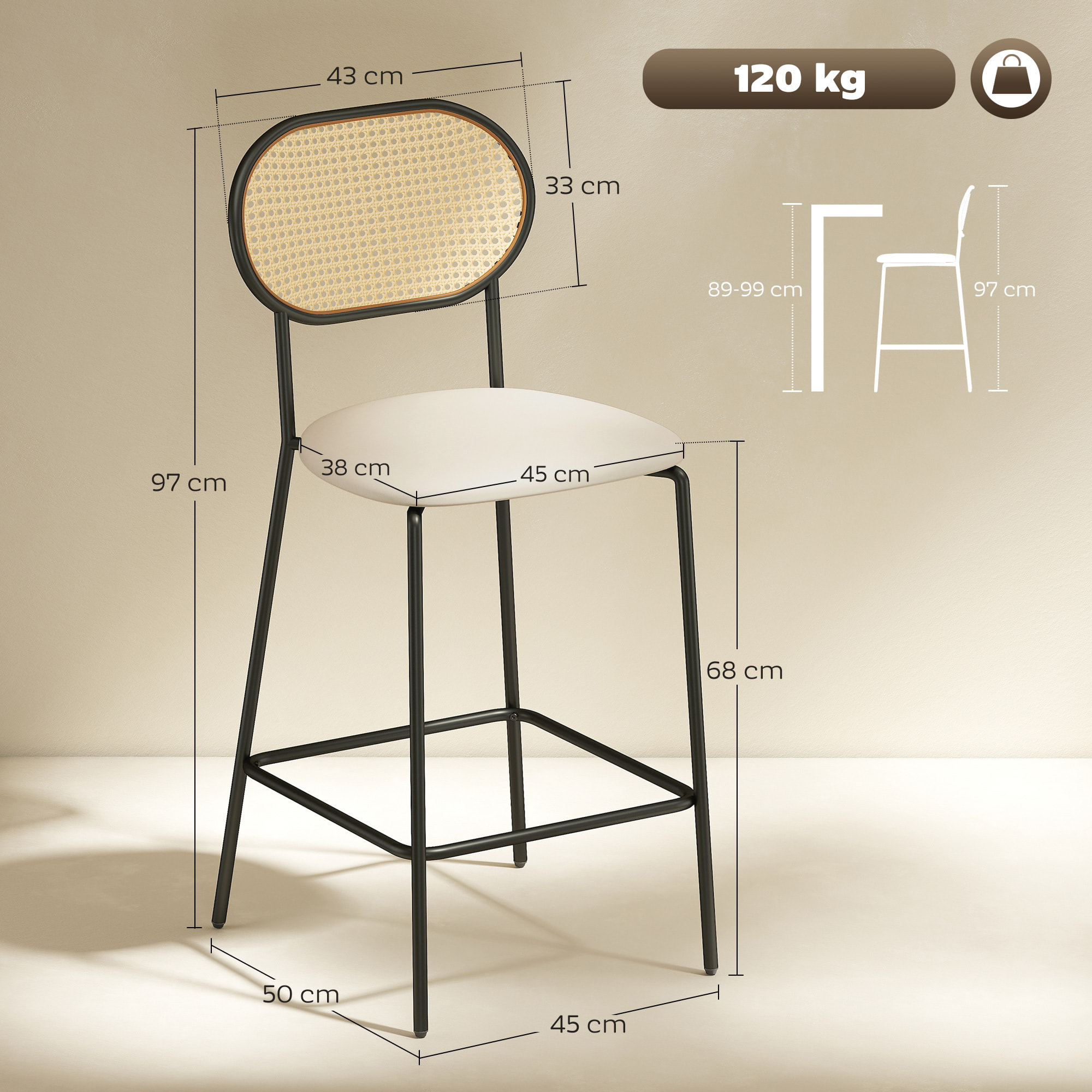 Juego de 2 Taburetes de Bar Taburetes Altos de Cocina con Respaldo de Ratán Asiento de PU Marco de Acero y Reposapiés para Comedor Mostrador 45x50x97 cm Beige
