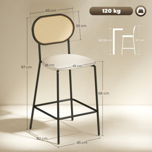 Juego de 2 Taburetes de Bar Taburetes Altos de Cocina con Respaldo de Ratán Asiento de PU Marco de Acero y Reposapiés para Comedor Mostrador 45x50x97 cm Beige