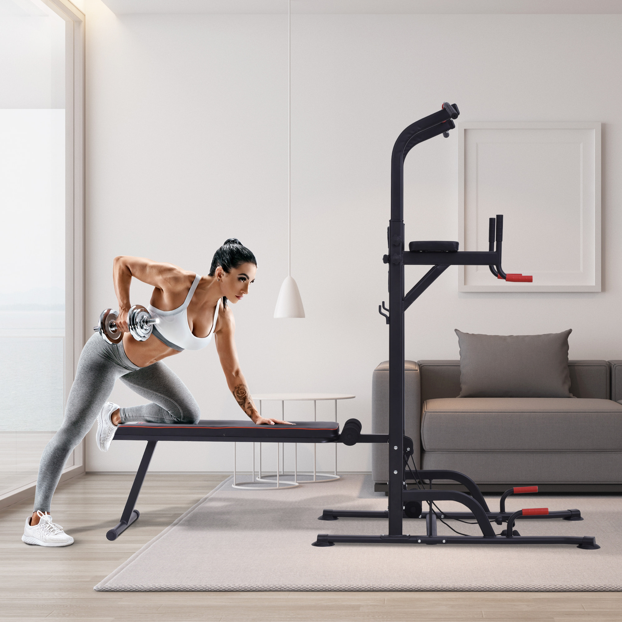 Estación de Musculación Multifuncional Torre de Entrenamiento Ajustable en Altura con Banco Plegable Barra de Dominadas para Fitness 220x98x181-229 cm Negro