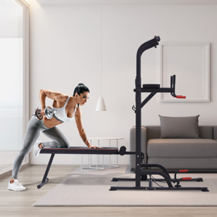 Estación de Musculación Multifuncional Torre de Entrenamiento Ajustable en Altura con Banco Plegable Barra de Dominadas para Fitness 220x98x181-229 cm Negro