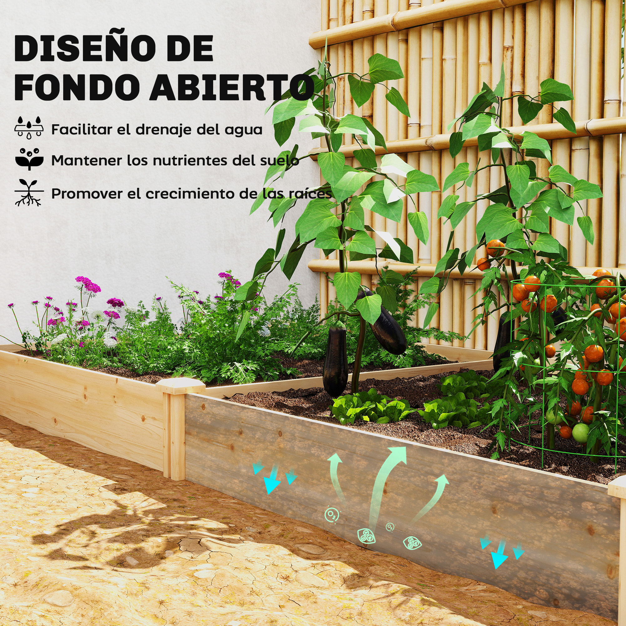 Jardinera Elevada de Madera, Huerto Urbano para Cultivar Plantas, Macetero Exterior con Divisor y Base Abierta, Pintura DIY, para Jardín, Terraza, 235x121x26 cm, Natural
