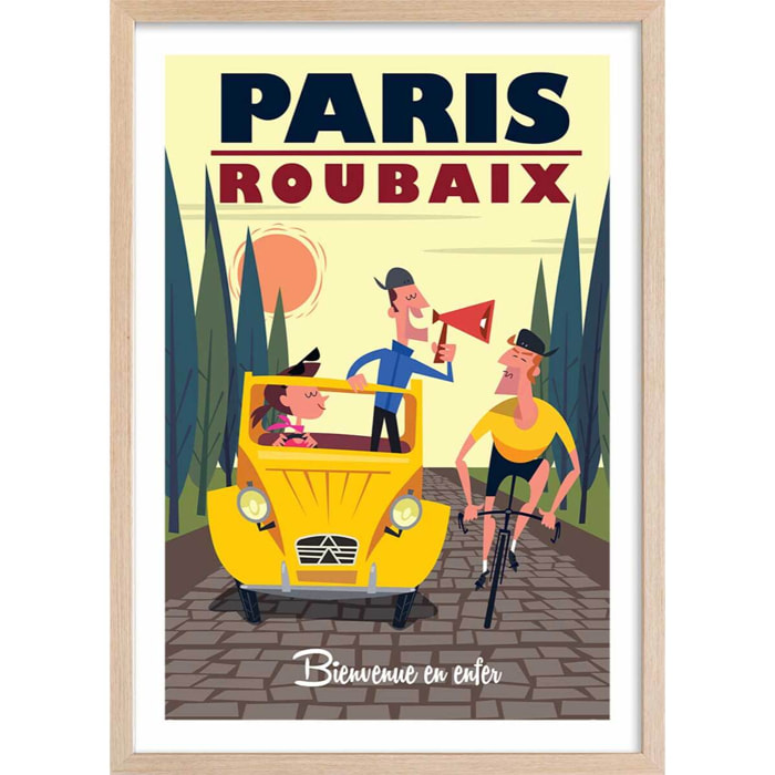 Affiche Course Paris - Roubaix Affiche + cadre en bois - Chêne