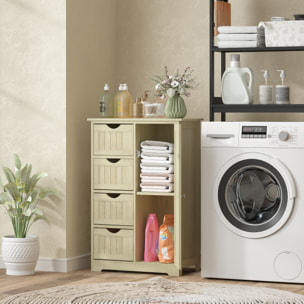 Armario de Baño, Columna de Baño Estrecha con 4 Cajones y Estante Ajustable, Estilo Moderno, para Espacios Pequeños, 56x30x83 cm, Madera Natural