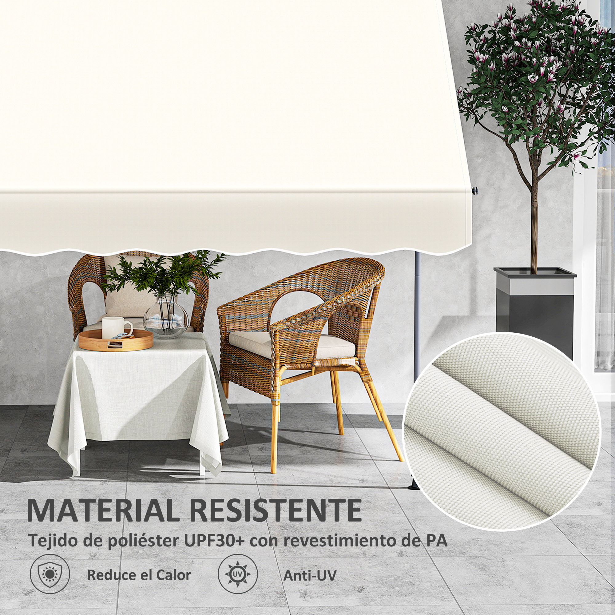 Toldo Manual Retráctil 2x1,2 m Toldo Exterior Terraza Enrollable Altura Ajustable con Manivela 210-310 cm Protección UV30+ Sin Taladro para Jardín Balcón Patio Crema