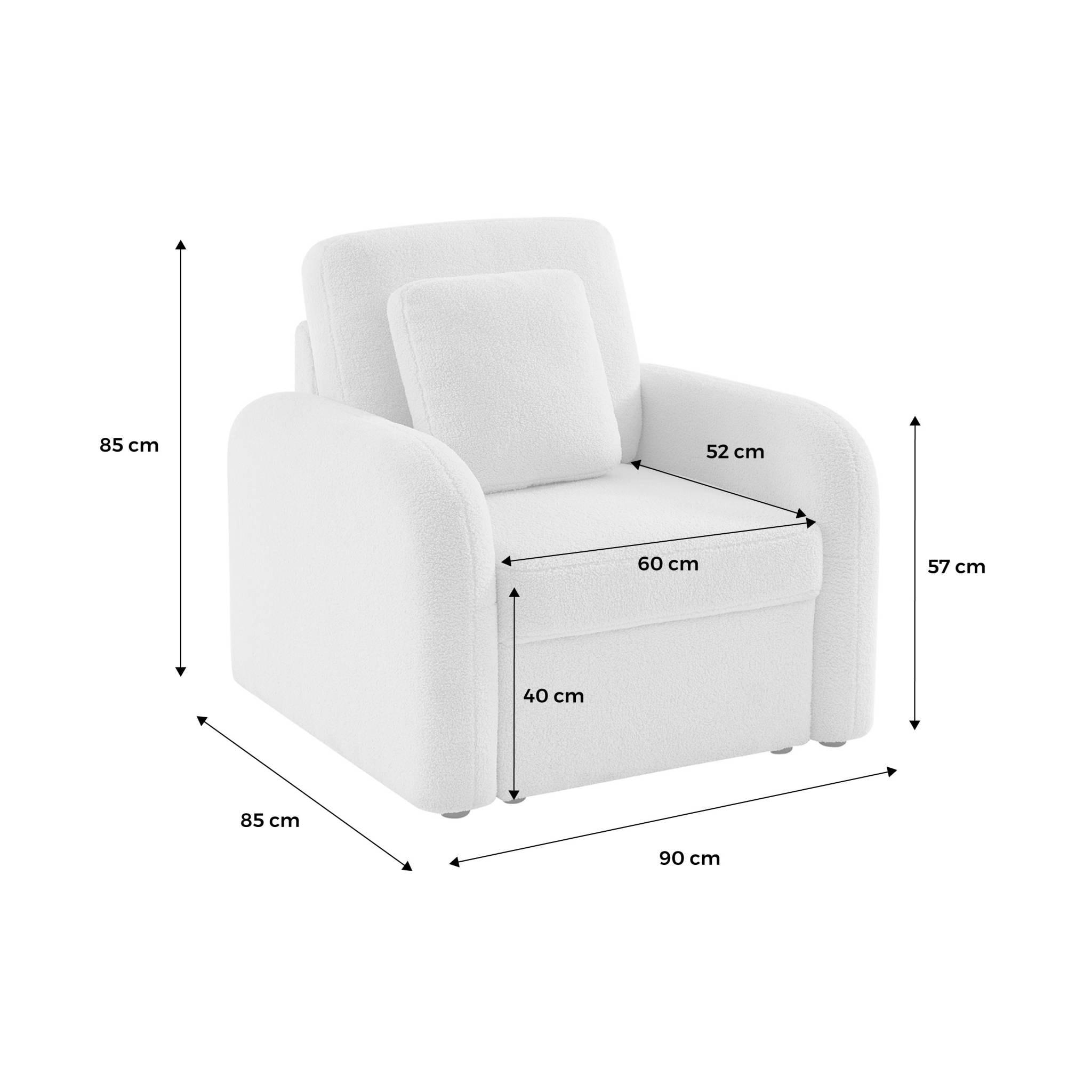 Fauteuil tissu bouclette blanche. lignes arrondies. Milano. L 90 x P 85 x H 85cm